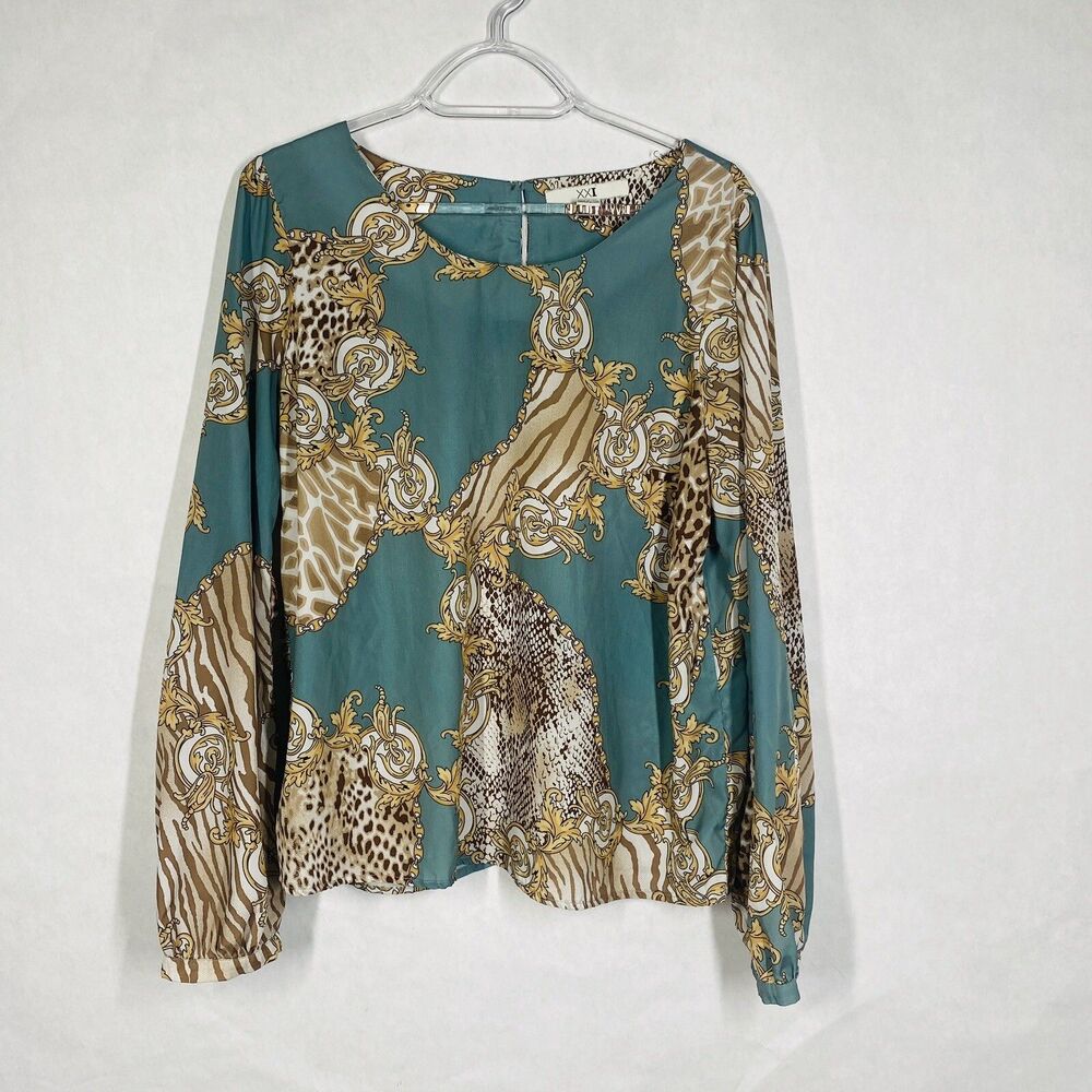 Forever 21 Blouse Women L Green Tan Scroll Animal Print Long Sleeve Satin Feel